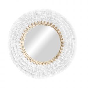 Espejo hecho con flecos de algodón blanco