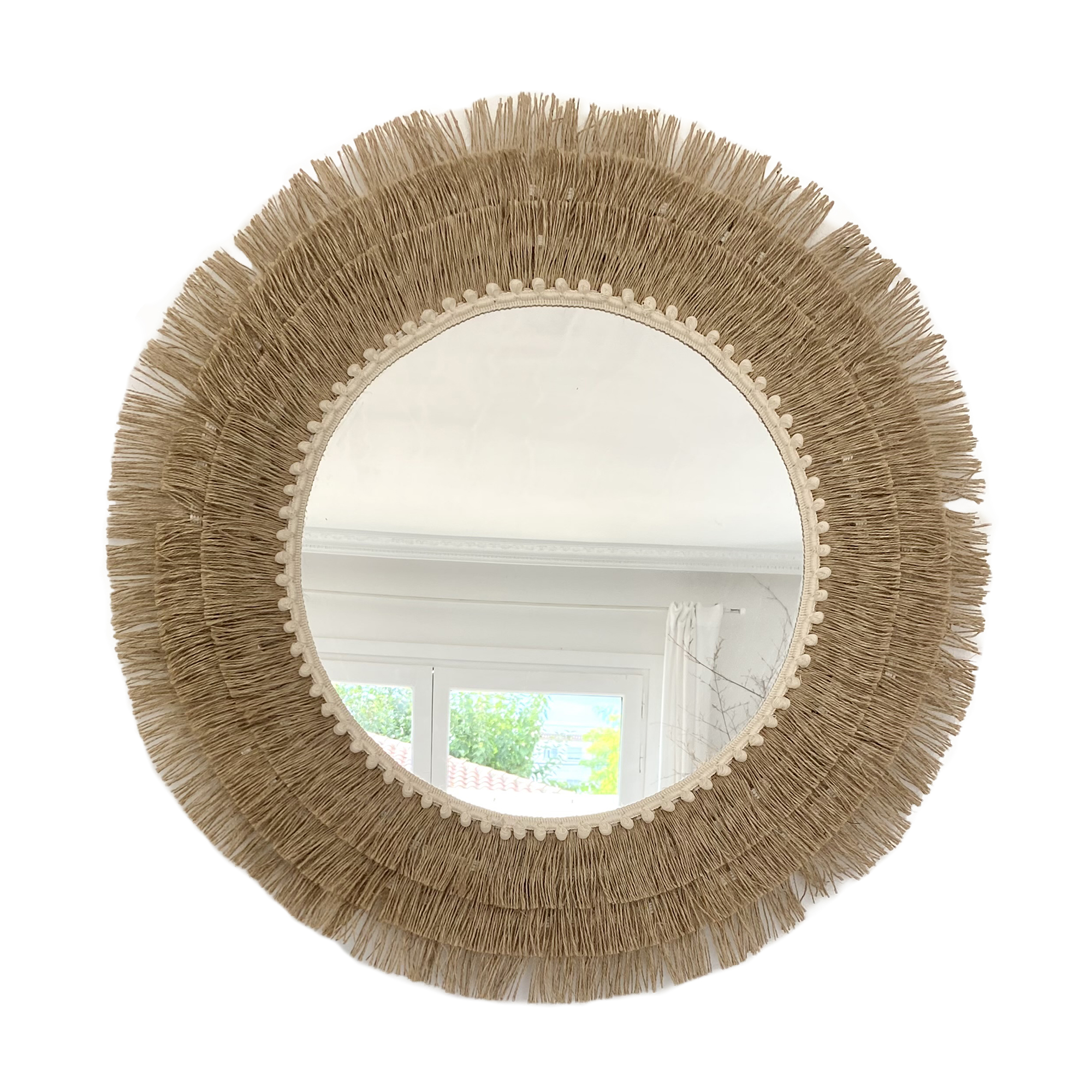 Espejo de pared redondo con flecos de yute